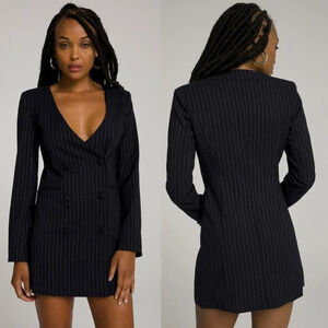 Good American NWT Navy & White Pinstripe Collarless Boss Blazer Dress Size 0